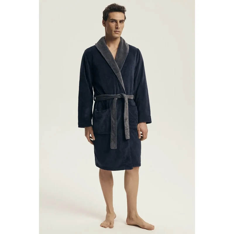 Peignoir homme élégant en coton doux tissu lisse col châle poches ceinture ajustable longueur genou robe de détente intime