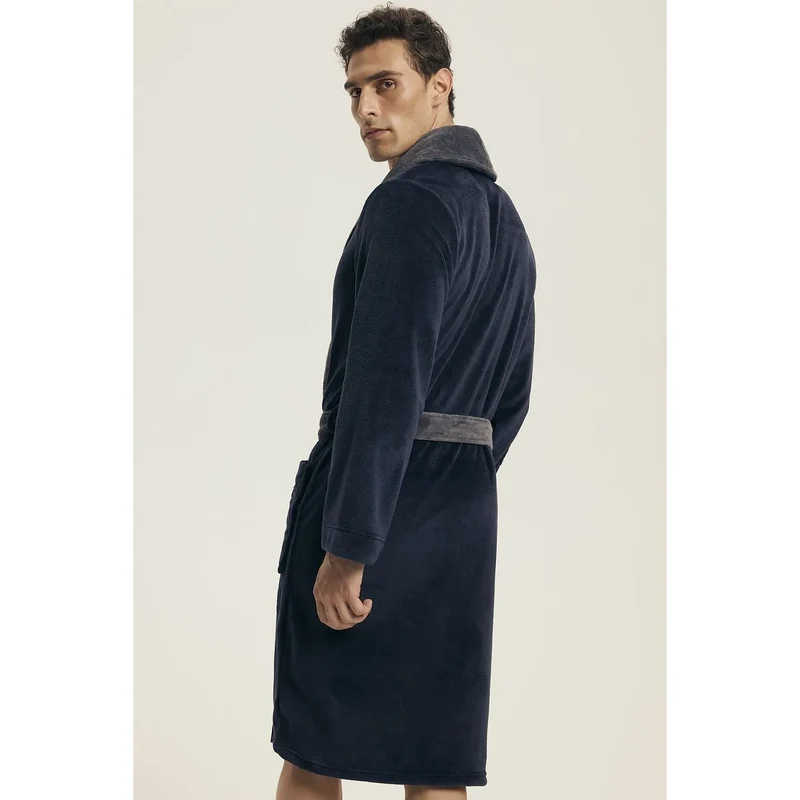 Peignoir homme élégant en coton doux tissu lisse col châle poches ceinture ajustable longueur genou robe de détente intime