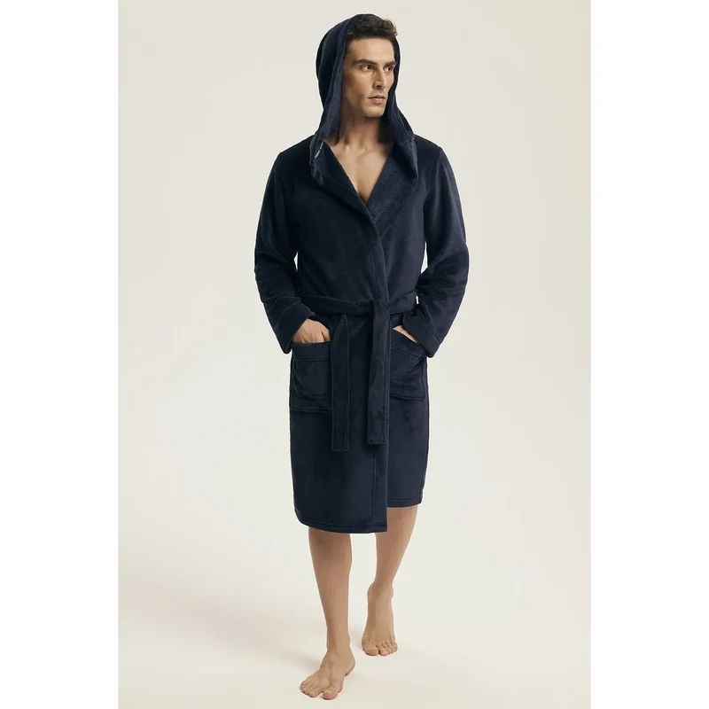 Peignoir homme model 219796 Henderson coupe ample capuche manches longues poches ceinture ajustable détente intimité cadeau élégant