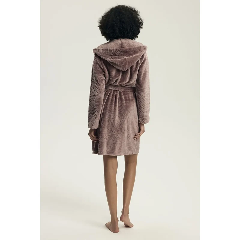 Peignoir femme velours doux capuche ceinture mauve confort élégance intime douceur mi longue manches longues poches latérales gaufrée raffiné polyvalent