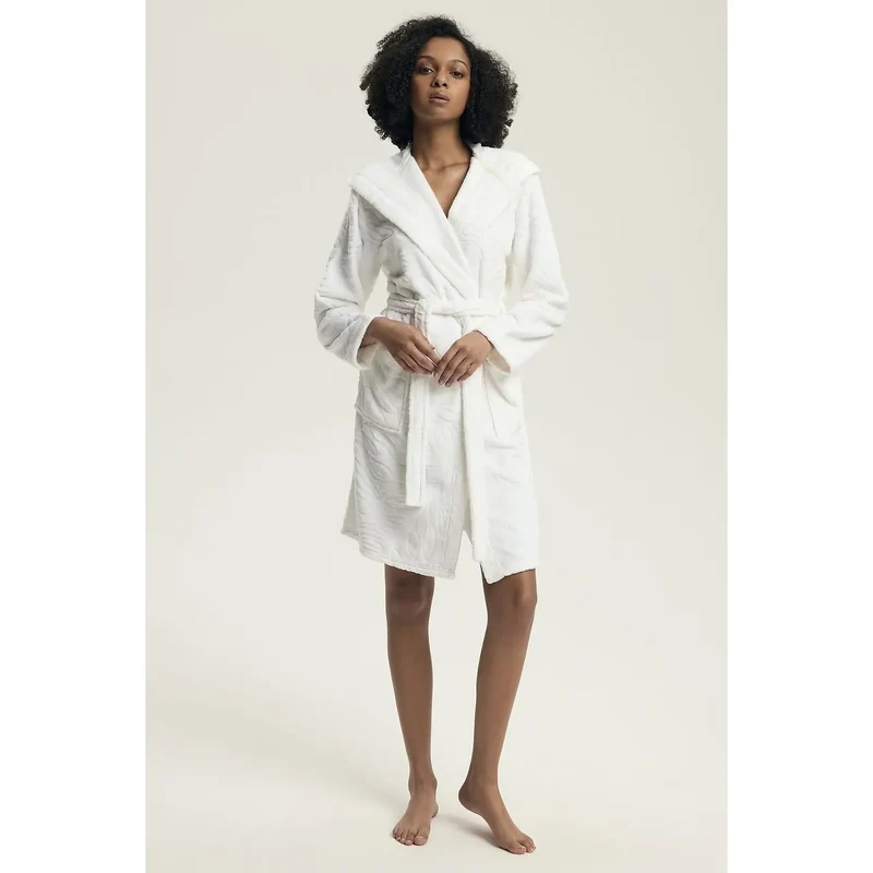 peignoir élégant confortable féminin polyester douceur gaufré capuche ceinture ajustable poches col châle longueur genoux blanc cadeau quotidien
