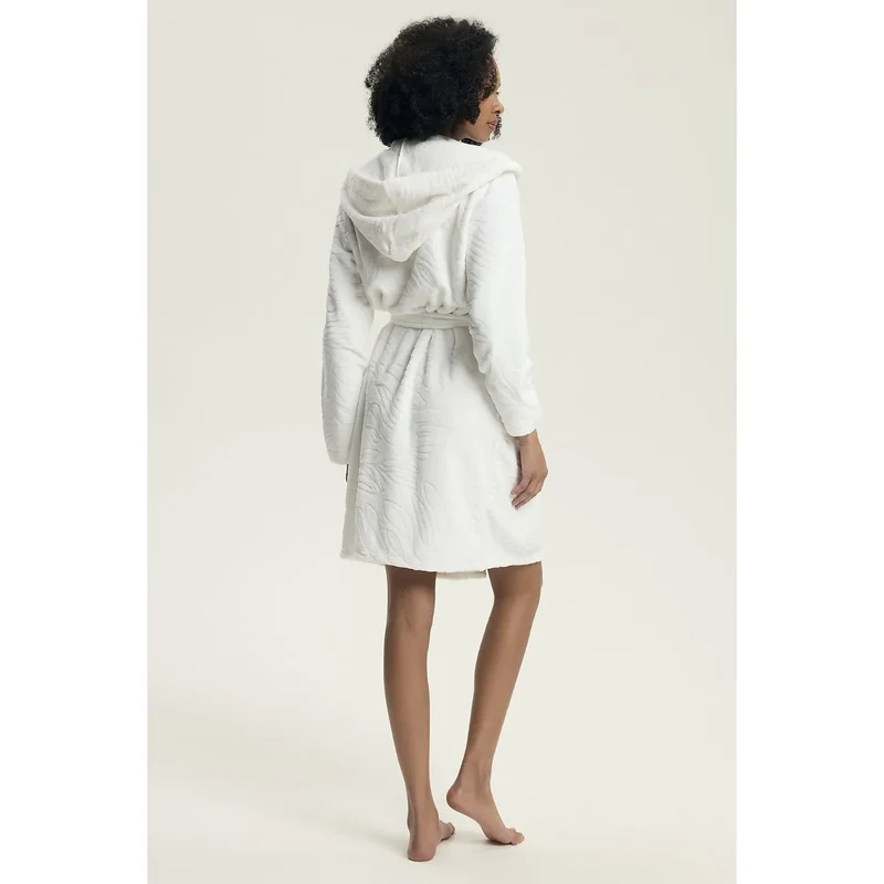peignoir élégant confortable féminin polyester douceur gaufré capuche ceinture ajustable poches col châle longueur genoux blanc cadeau quotidien