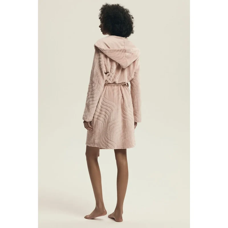 Peignoir Henderson model 219800 doux confortable capuche poches ceinture tissu gaufré rose pâle longueur genoux cadeau détente relaxation