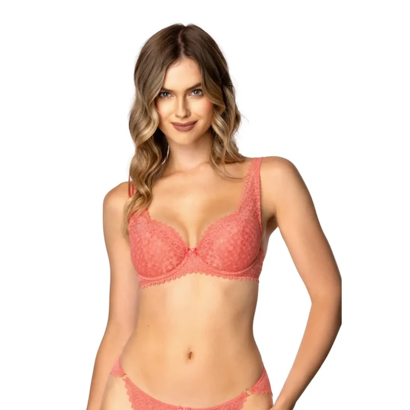 ensemble lingerie corset dentelle ajustable lacets dos soutiengorge armatures bretelles réglables culotte semi transparente rose corail nœud décoratif