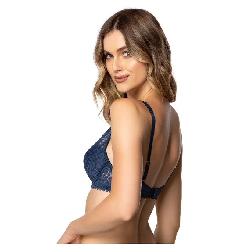 Ensemble de lingerie féminine bleu marine dentelle soutien-gorge rembourré armatures maintien optimal culotte assortie elegance