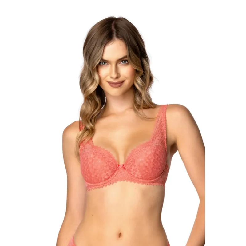 Lingerie Dentelle Soutien Gorge Rembourré Culotte Élastique Confort Poitrine Généreuse Maintien Optimal Armatures Bretelles Ajustables Rose Saumon Délicate Sensuelle Raffinée