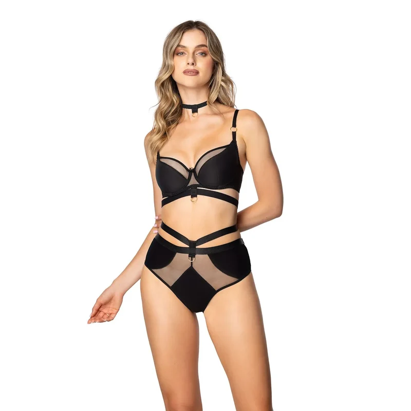 Ensemble de lingerie érotique élégant et moderne soutien-gorge culotte haute lanières anneaux métalliques noir sensuel féminin