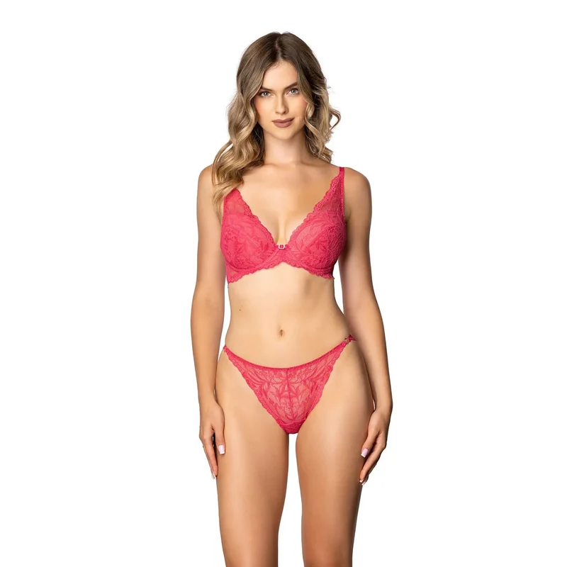 soutien gorge dentelle floral rembourré galbant plongeant décolleté bretelles réglables culotte assortie nylon élasthanne rouge sensualité séduisant confort maintien tailles