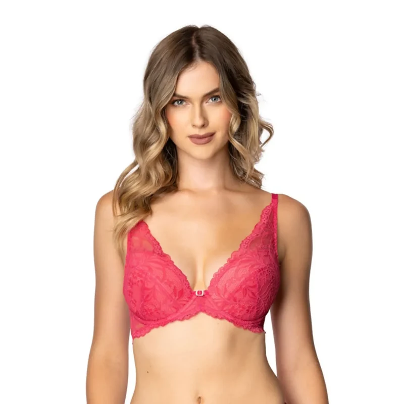 soutien gorge dentelle floral rembourré galbant plongeant décolleté bretelles réglables culotte assortie nylon élasthanne rouge sensualité séduisant confort maintien tailles