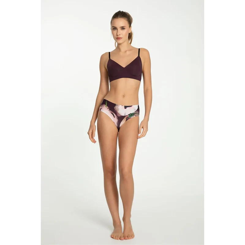 ensemble lingerie élégante féminine Julimex 219147 soutiengorge sans armatures culottes microfibre prune floral rose vert bretelles réglables doublure coton discret