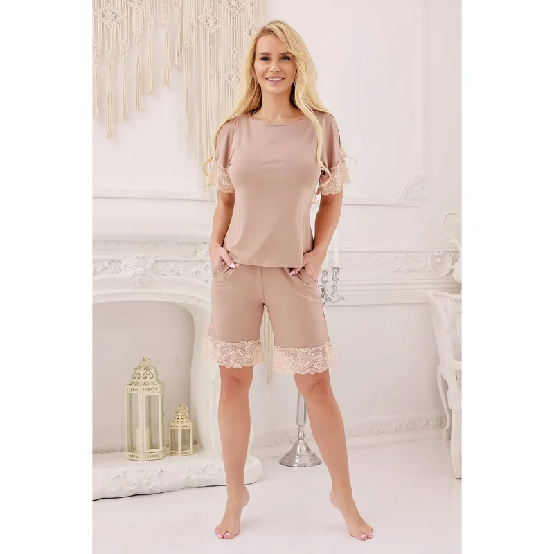 pyjama Kalimo 219057 viscose douceur sexy élégant haut ample manches courtes shorts genou dentelle florale poches emballage cadeau
