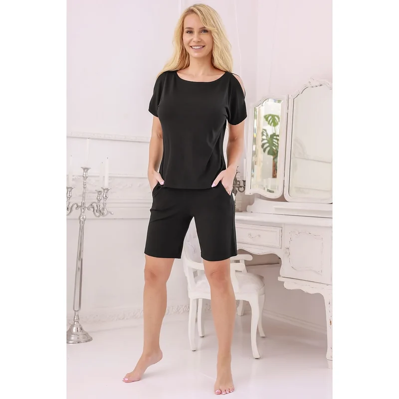 Pyjama Kalimo viscose elasthanne confortable femme ensemble chemisier ample manches courtes shorts longueur genou ceinture élastique noeud décoratif