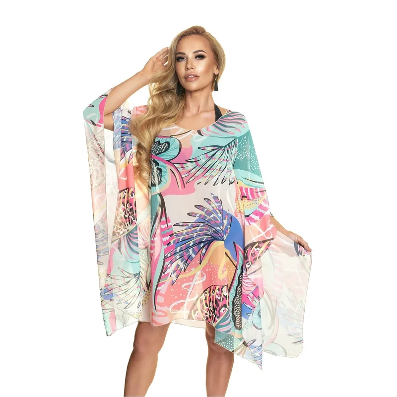 robe plage caftan fluide ample mousseline polyester respirante légère semi transparente sans manches larges multicolore motifs nature inspirés