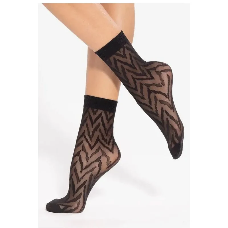 Chaussettes transparentes motif zigzag élégantes sexy mi mollet élastiques confortables légèrement brillantes noires maille synthétique coutures discrètes