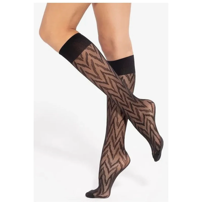 Chaussettes longues sexy motif zigzag opaque genou couleur noire elastique confortable lingerie élégante femmes