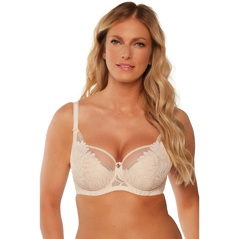 Soutien-gorge féminin élégant en dentelle beige tulle transparent bonnets semi-rembourrés ajustables armatures maintien confortable lingerie discrète quotidien soirées