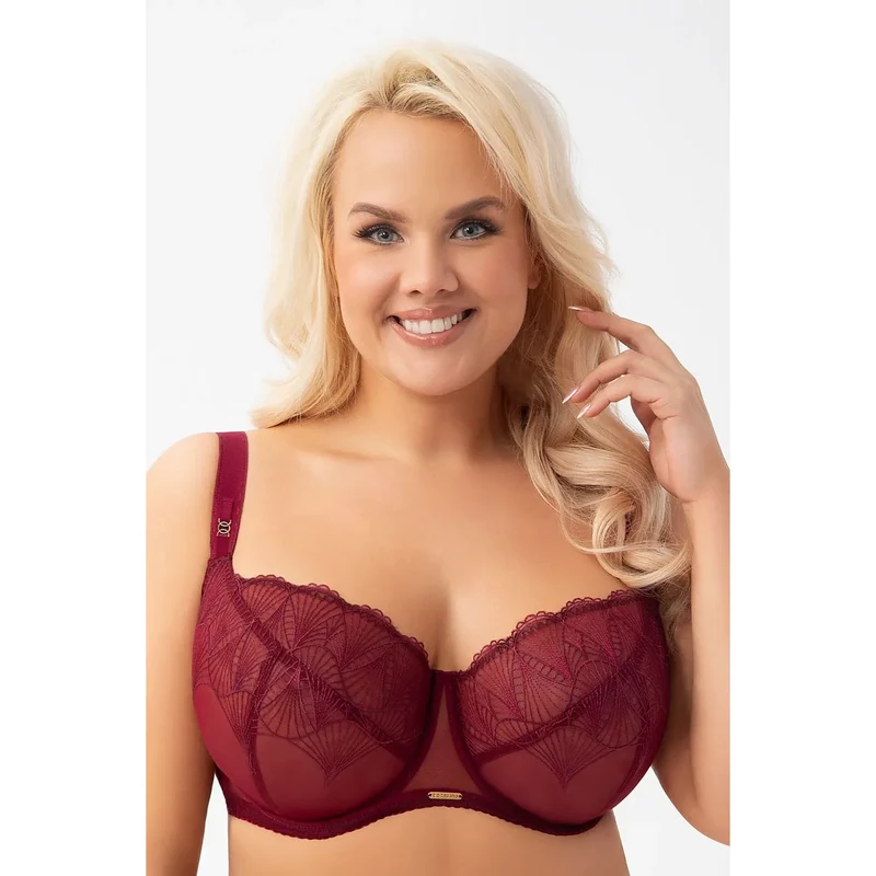 Gorsenia Soutiengorge Dentelle Motifs Feuilles Bordeaux Bonnets Semitransparents Armatures Intégrées Bretelles Ajustables Fermeture Arrière Plaque Dorée Doux Respirant Maintien Renforcé