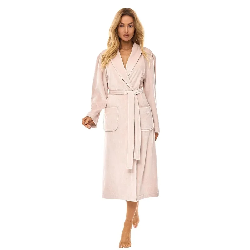 Peignoir élégant pour femme confortable robe de chambre style classique col châle sangle taille matelassé doux coton polyester lingerie détente maison