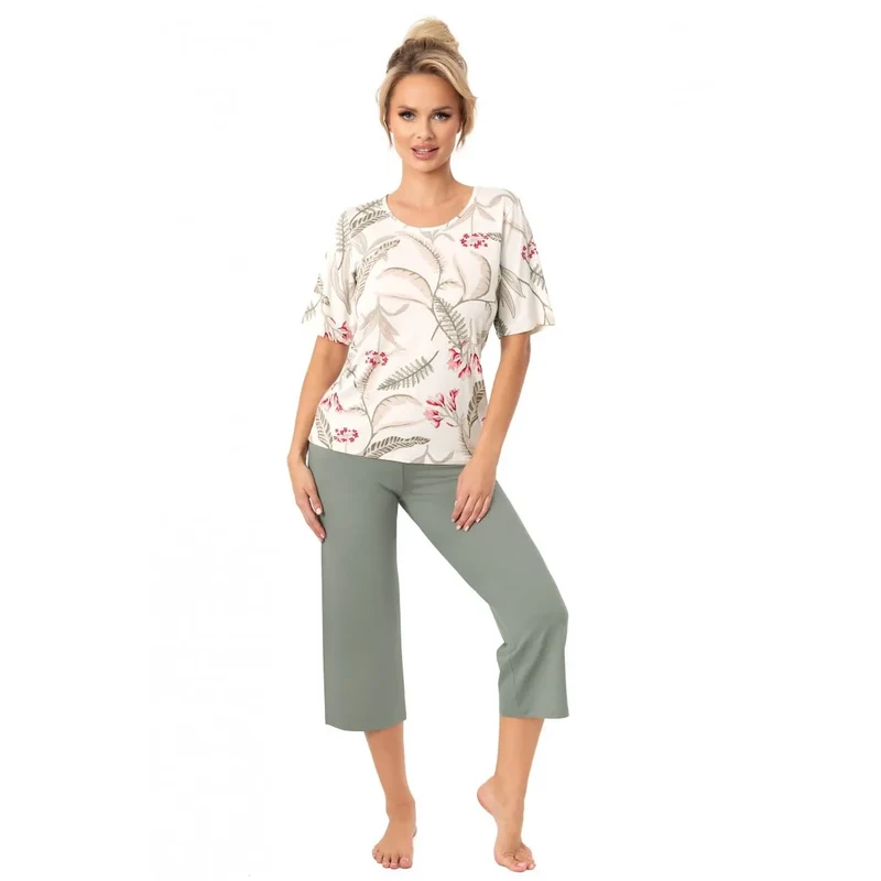 Pyjama femme élégante et confortable model 218034 Donna viscose douce floral vert kaki manches courtes pantalon 3/4