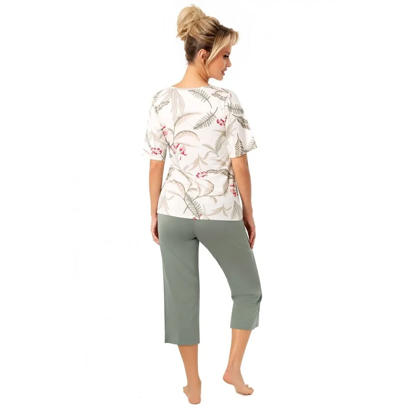 Pyjama femme élégante et confortable model 218034 Donna viscose douce floral vert kaki manches courtes pantalon 3/4