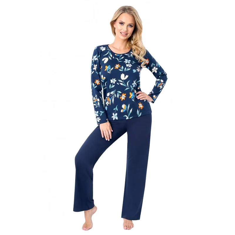pyjama femme confortable élégant floral multicolore manches longues col rond pantalon taille haute coupe droite bleu foncé tissu doux