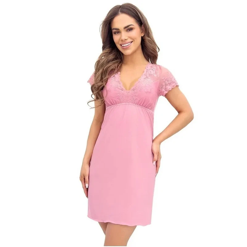 nuisette dentelle col V manches courtes viscose élasthanne polyester douceur fluide ample soutien poitrine élastique rose pâle cadeau romantique