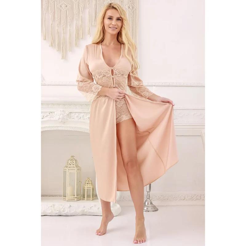 Ensemble de lingerie sexy en satin et dentelle Kalimo model 218050 peignoir long coquin chemise de nuit sexy