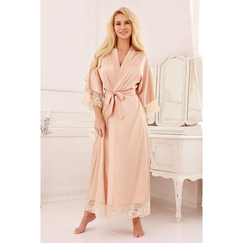 Peignoir féminin long en satin Sumatra dentelle rose pâle ajustable ceinture luxe lingerie nuit détente cadeau exigeant