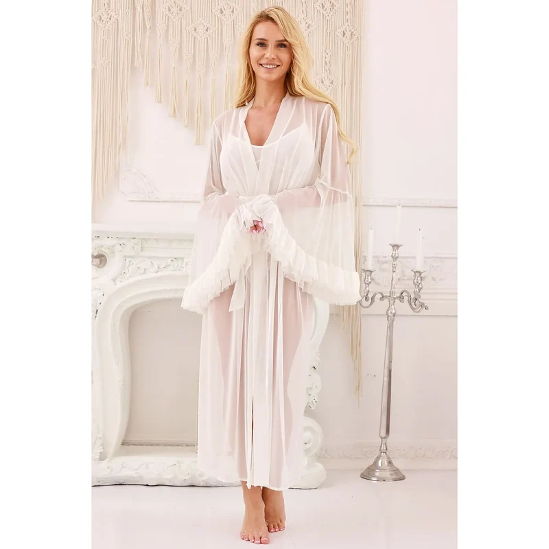 Robe de chambre transparente en tissu léger avec volants longues manches ceinture ajustable pour lingerie féminine élégante occasion spéciale