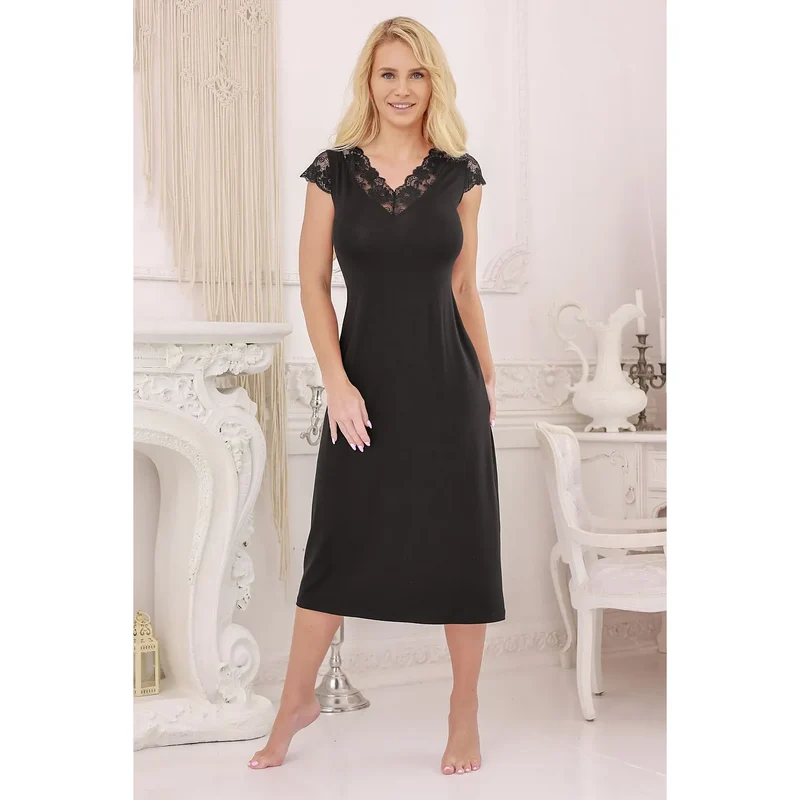 chemise nuit viscose douce dentelle florale décolleté manches longueur mi mollet élasthanne ajustement parfait élégance raffinée cadeau discret romantique confort