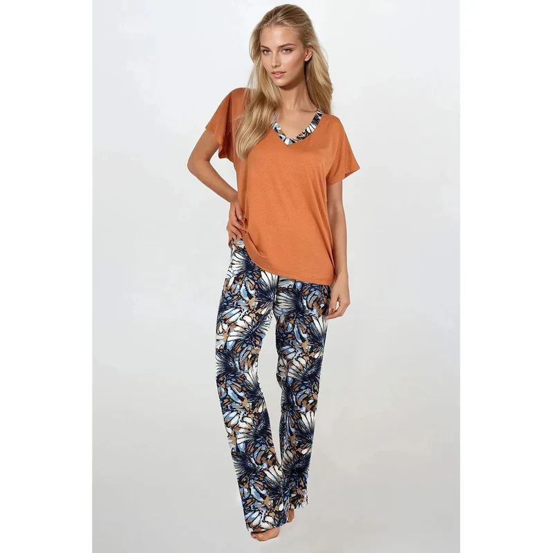 pyjama femme doux élégant coton orange motif floral bleu blanc marron ensemble deux pièces haut ample manches courtes pantalon long