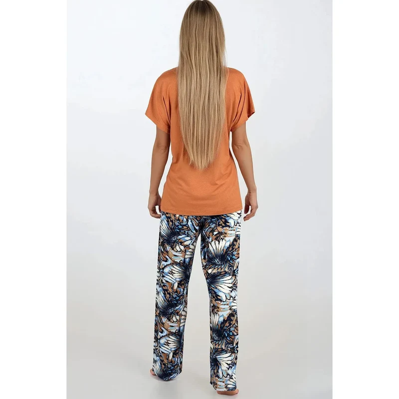 pyjama femme doux élégant coton orange motif floral bleu blanc marron ensemble deux pièces haut ample manches courtes pantalon long