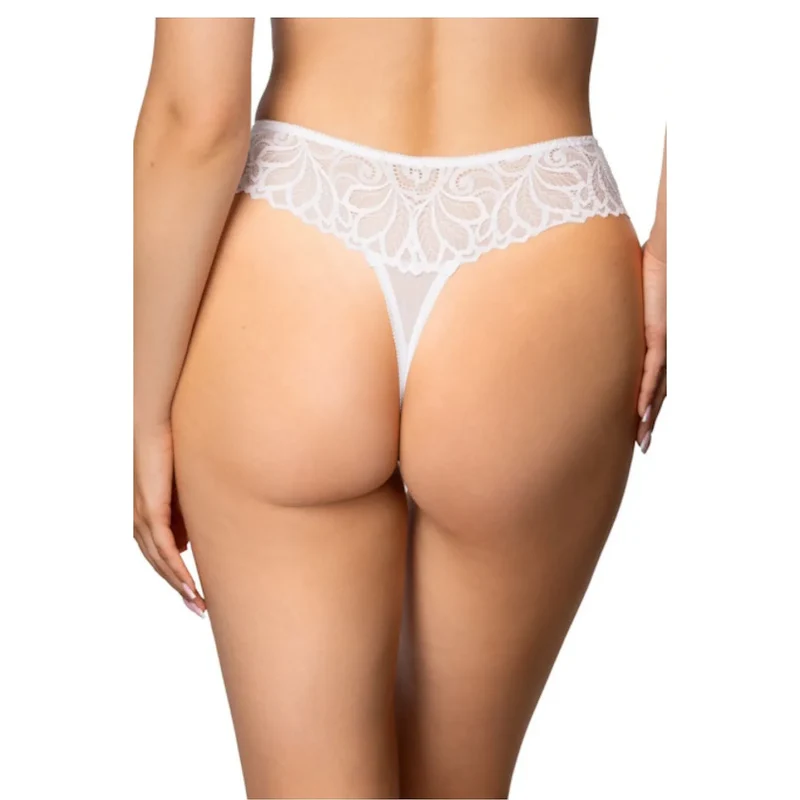 string dentelle blanche taille haute motif floral confort exceptionnel ceinture élastique bords ourlés polyester élasthanne légère transparente sensuelle