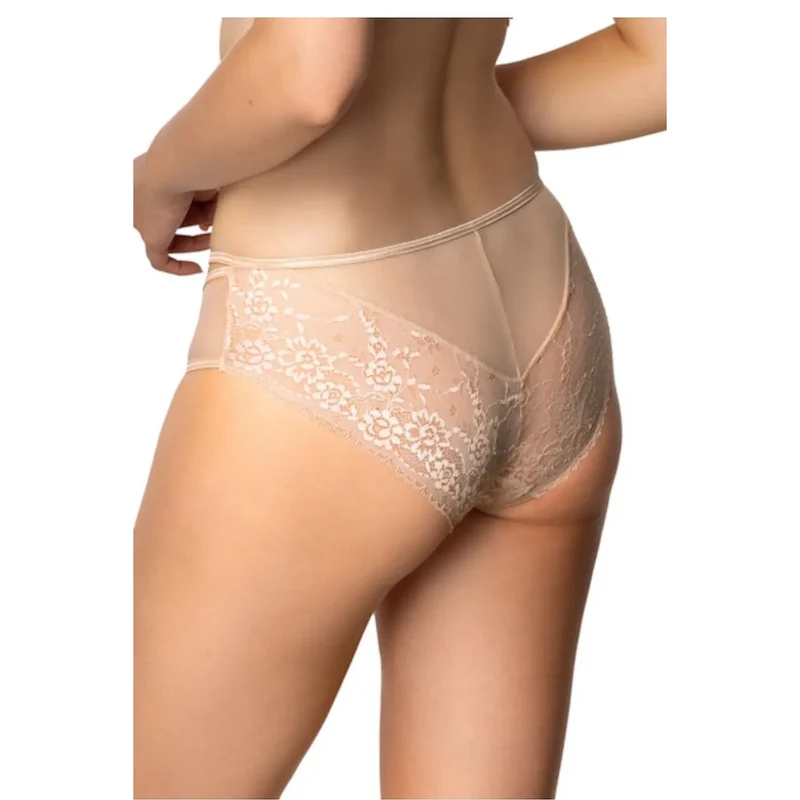 Culottes dentelle florale beige ajustées extensibles lingerie féminine élégante sensuelle tulle transparentes bandes maintien confort respirabilité anneau décoratif intemporelles durables