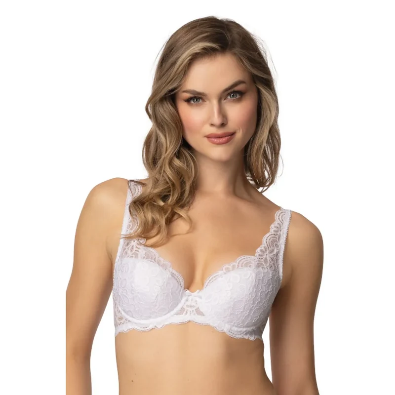 balconnet rembourré bonnets dentelle florale légèrement transparent doublure douce culotte taille haute bretelles ajustables fermeture crochets maintien confortable invisible blanc