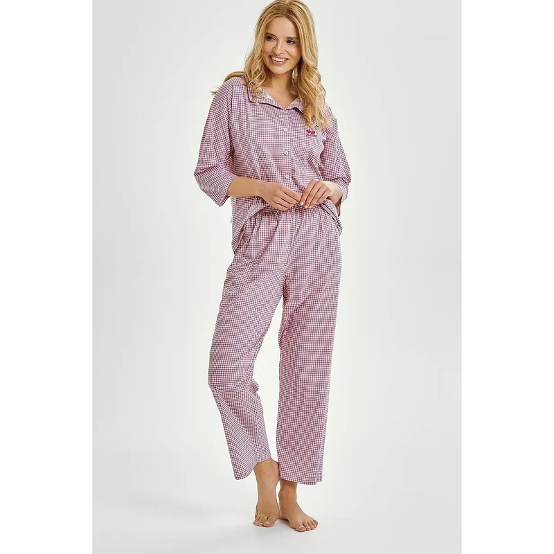 pyjama coton doux carreaux ginguette femme chemise manches longues pantalon taille élastique respirant confortable élégant classique boutons col rouge blanc