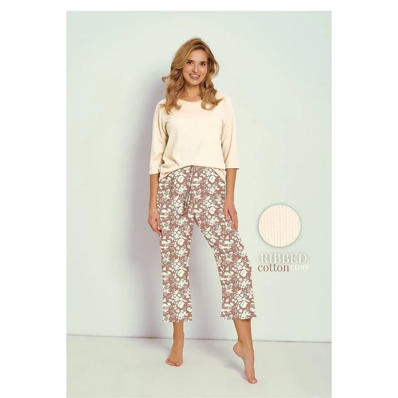 pyjama femme coton côtelé doux respirant ensemble haut manches troisquarts col rond pantalon motif floral fond brun taille élastique
