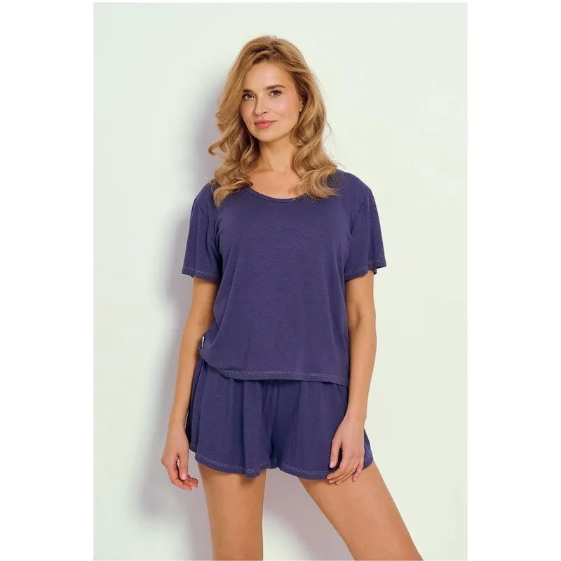 pyjama femme confortable été manches courtes short élastique cordon serrage doux respirant lin viscose élasthanne ample bleu foncé