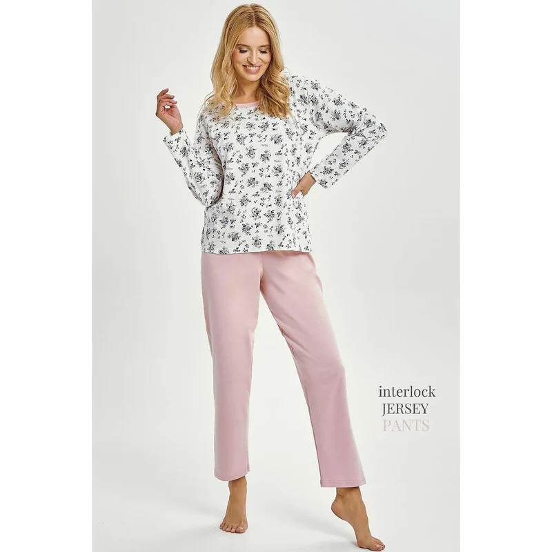 Pyjama femme confortable classique motif floral jersey interlock doux respirant manches longues pantalon élastique