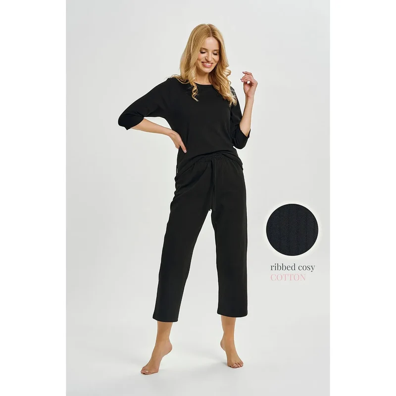 pyjama féminin élégant coton côtelé noir confortable sexy intime détente manches longues pantalon trois quarts taille élastique cordon respirant douceur