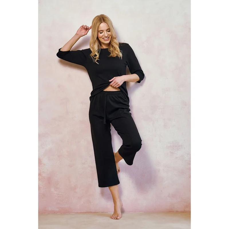 pyjama féminin élégant coton côtelé noir confortable sexy intime détente manches longues pantalon trois quarts taille élastique cordon respirant douceur