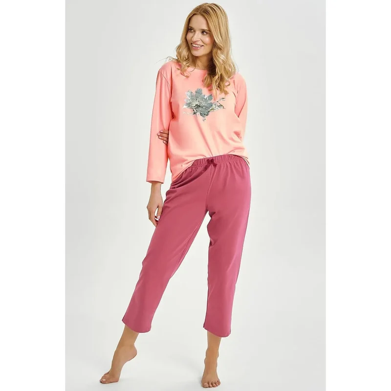 Pyjama doux pour femme, confort intime, détente maison, style élégant, matériau doux, design floral brodé, ceinture élastique, longueur 3/4, couleur pastel, idéal relaxation,ewear cosy, home comfort