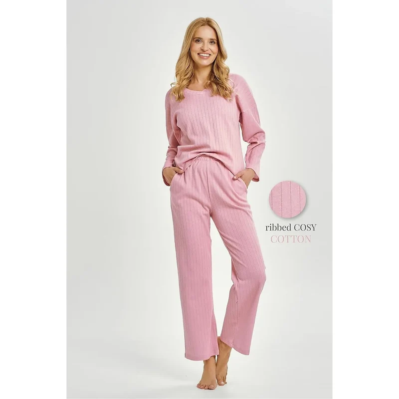 Pyjama femme confort élégance côtelé rose pâle Taro manches longues pantalon taille élastiquée loungewear détente nuit