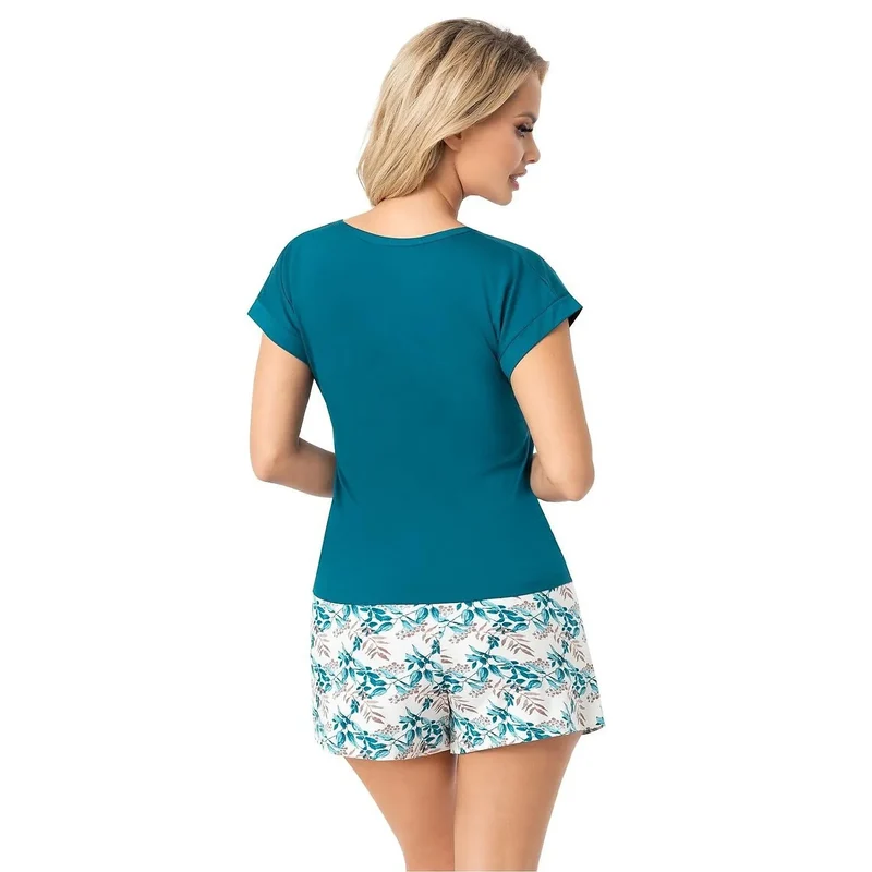 pyjama femme viscose douce été floral confortable nuit détente esthétique turquoise haut uni short motif bleu blanc coupe ample