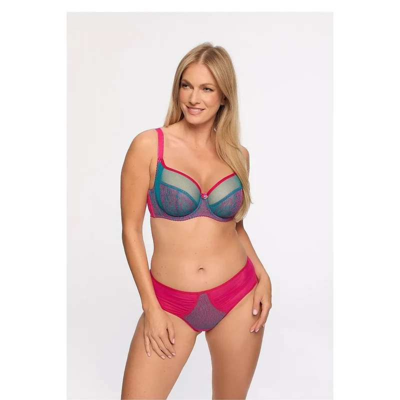 Culottes brésiliennes model 216009 Gaia soutien-gorge assorti tissu semi-transparent motifs contrastants rose vif bleu vert