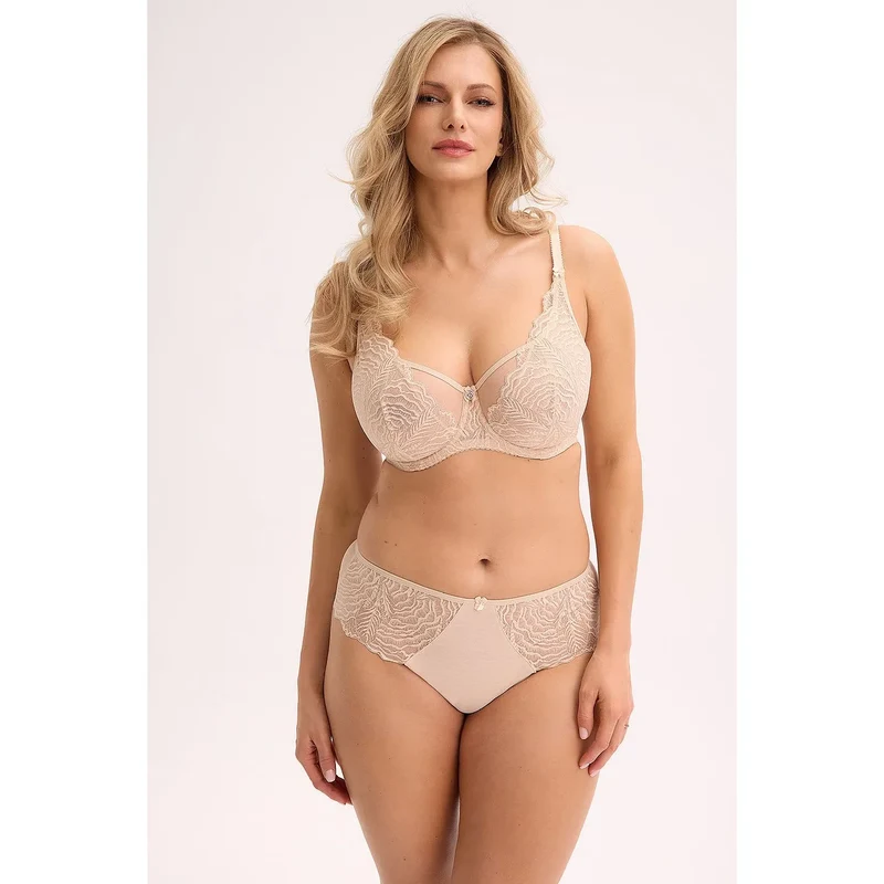 Soutien gorge Gaia dentelle balconnet armatures maintien poitrine généreuse beige discret doux confortable bretelles ajustables fermeture crochets coutures renforcées bijou
