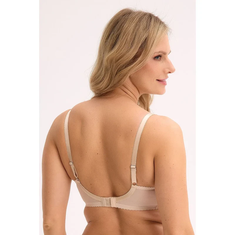 Soutien gorge Gaia dentelle balconnet armatures maintien poitrine généreuse beige discret doux confortable bretelles ajustables fermeture crochets coutures renforcées bijou