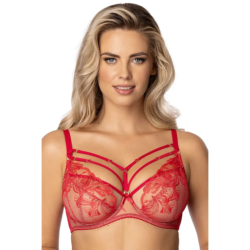 Soutiengorge balconnet dentelle transparente rouge bretelles ajustables lanières décoratives anneaux dorés bonnets non rembourrés maintien naturel confort luxe