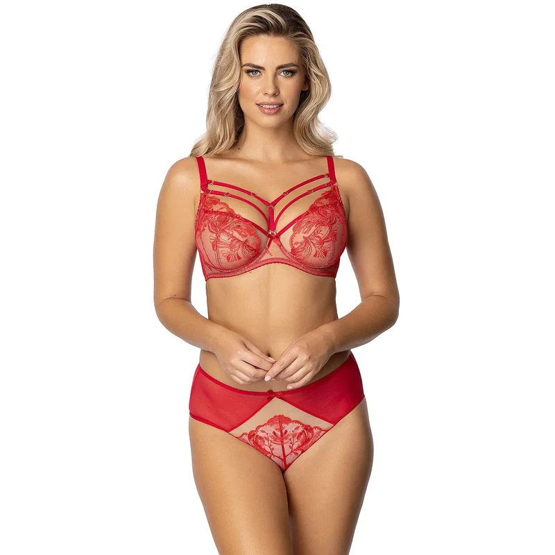 Soutiengorge balconnet dentelle transparente rouge bretelles ajustables lanières décoratives anneaux dorés bonnets non rembourrés maintien naturel confort luxe