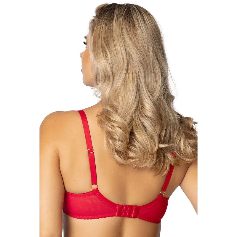 Soutiengorge balconnet dentelle transparente rouge bretelles ajustables lanières décoratives anneaux dorés bonnets non rembourrés maintien naturel confort luxe